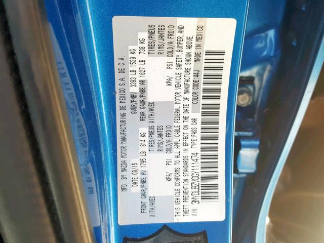 3MYDLBZV0GY111474 - 2016 TOYOTA SCION IA BLUE photo 10