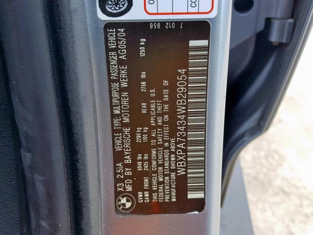 WBXPA73434WB29054 - 2004 BMW X3 2.5I GRAY photo 10