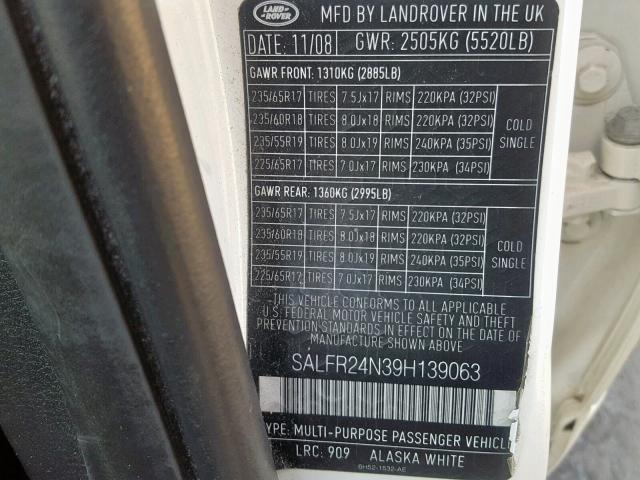 SALFR24N39H139063 - 2009 LAND ROVER LR2 HSE WHITE photo 10