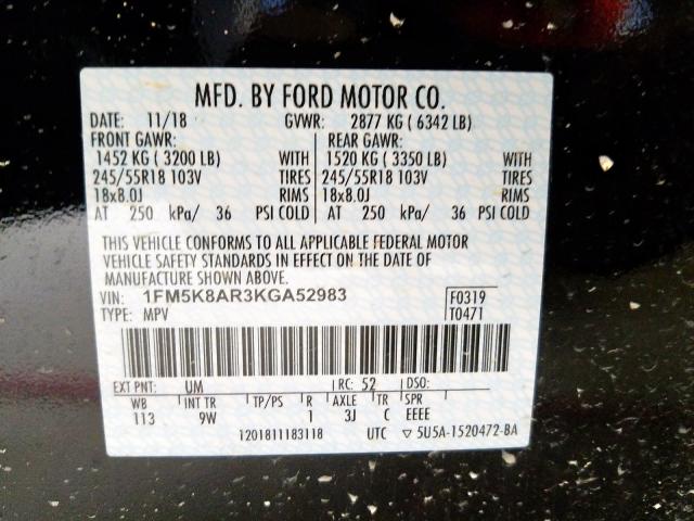 1FM5K8AR3KGA52983 - 2019 FORD EXPLORER POLICE INTERCEPTOR  photo 10