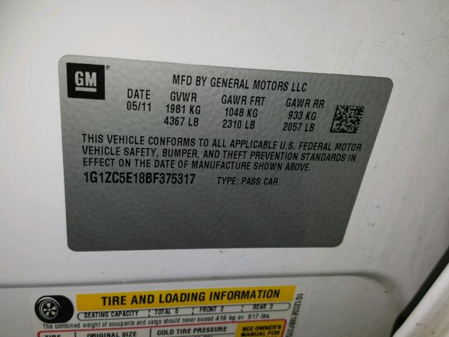 1G1ZC5E18BF375317 - 2011 CHEVROLET MALIBU 1LT 白色 照片 10