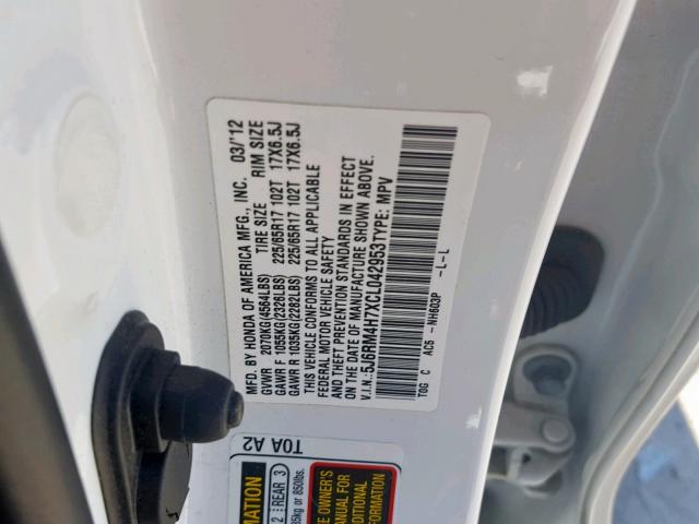 5J6RM4H7XCL042953 - 2012 HONDA CR-V EXL WHITE photo 10