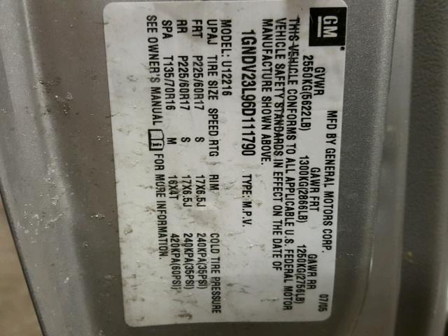 1GNDV23L96D111790 - 2006 CHEVROLET UPLANDER L Gümüş foto 10