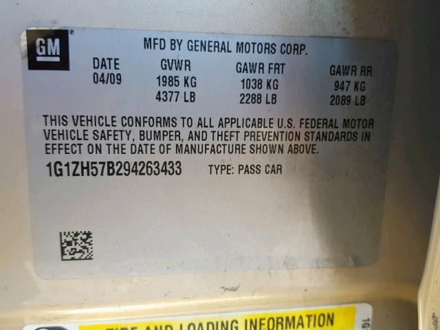 1G1ZH57B294263433 - 2009 CHEVROLET MALIBU 1LT BEIGE photo 10