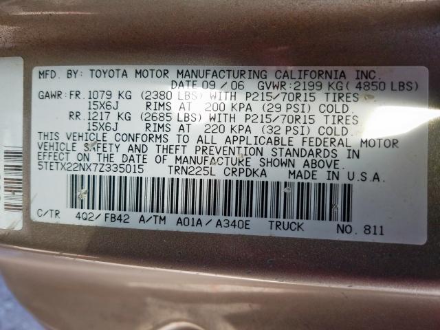 5TETX22NX7Z335015 - 2007 TOYOTA TACOMA ACCESS CAB  ფოტო 10
