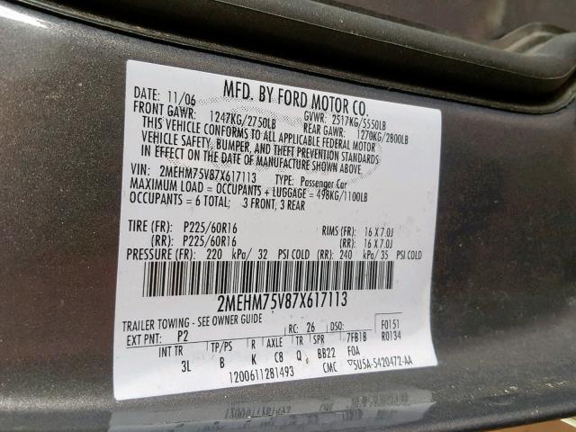 2MEHM75V87X617113 - 2007 MERCURY GRAND MARQ GRAY photo 10