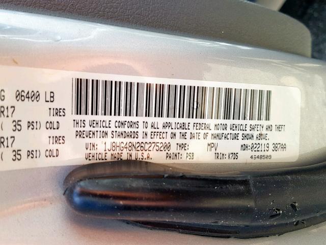 1J8HG48N26C275200 - 2006 JEEP COMMANDER SILVER photo 10