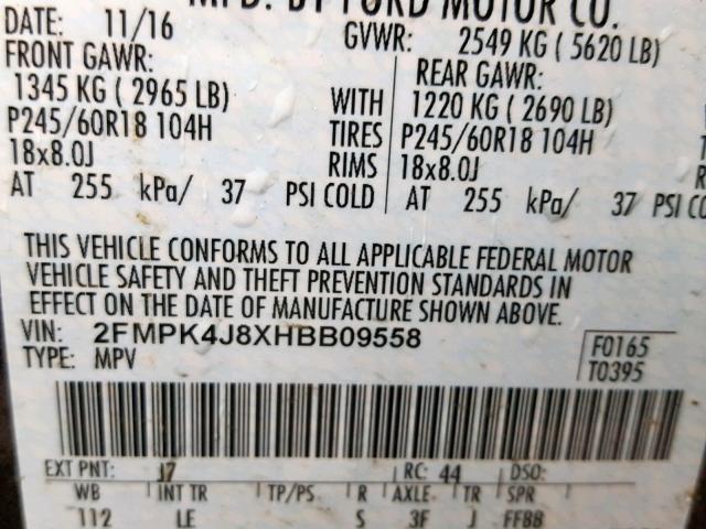 2FMPK4J8XHBB09558 - 2017 FORD EDGE SEL SILVER photo 10