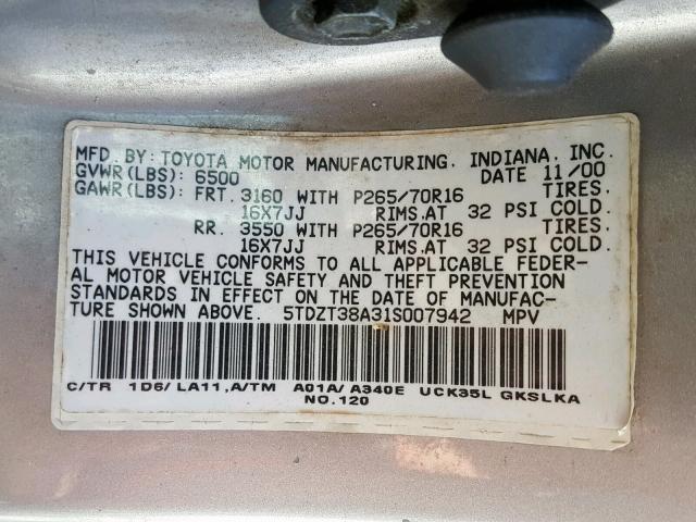 5TDZT38A31S007942 - 2001 TOYOTA SEQUOIA LI SILVER photo 10