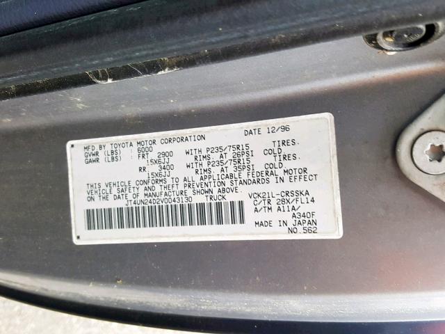 JT4UN24D2V0043130 - 1997 TOYOTA T100 XTRAC GRAY photo 10