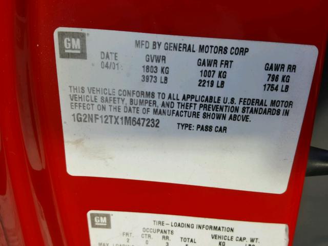 1G2NF12TX1M647232 - 2001 PONTIAC GRAND AM S RED photo 10
