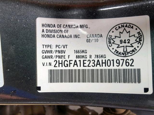 2HGFA1E23AH019762 - 2010 HONDA CIVIC DX GRAY photo 10