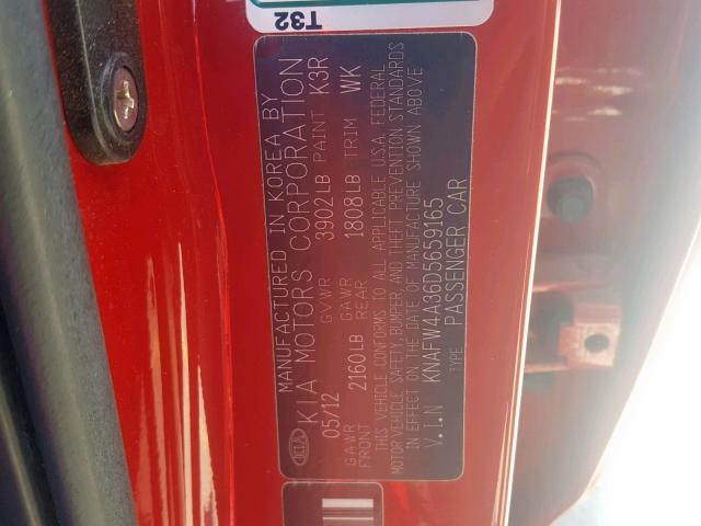 KNAFW4A36D5659165 - 2013 KIA FORTE SX RED photo 10