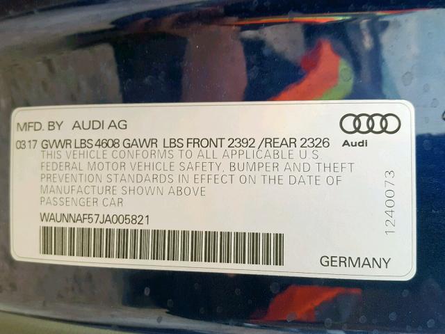 WAUNNAF57JA005821 - 2018 AUDI A5 PREMIUM BLUE photo 10