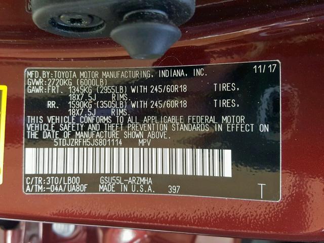 5TDJZRFH5JS801114 - 2018 TOYOTA HIGHLANDER BURGUNDY photo 10