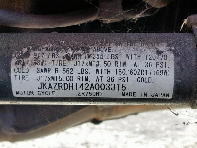 JKAZRDH142A003315 - 2002 KAWASAKI ZR750 G PURPLE photo 10