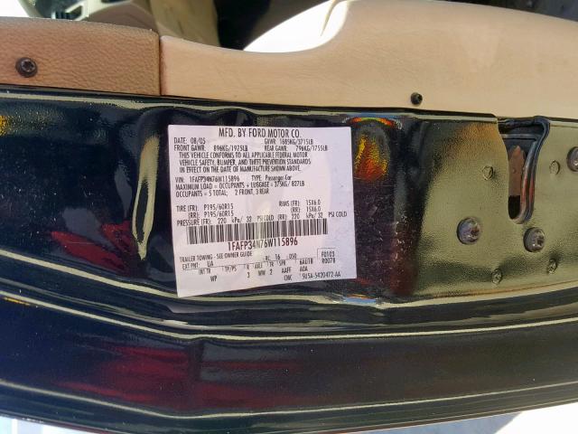 1FAFP34N76W115896 - 2006 FORD FOCUS ZX4 BLACK photo 10