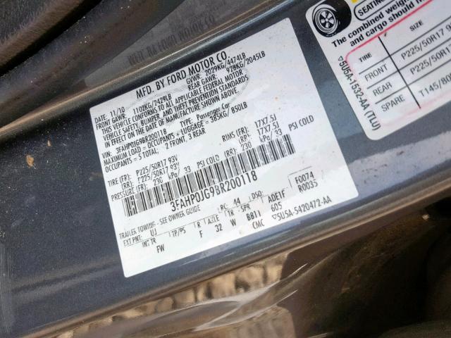 3FAHP0JG9BR200118 - 2011 FORD FUSION SEL CHARCOAL photo 10