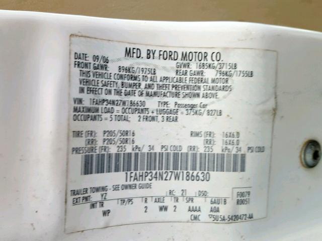 1FAHP34N27W186630 - 2007 FORD FOCUS ZX4 WHITE photo 10