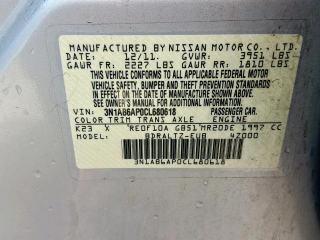 3N1AB6AP0CL680618 - 2012 NISSAN SENTRA 2.0 SILVER photo 10