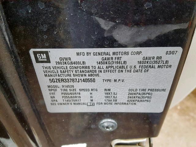 5GZER33787J140550 - 2007 SATURN OUTLOOK SP შავი ფოტო 10