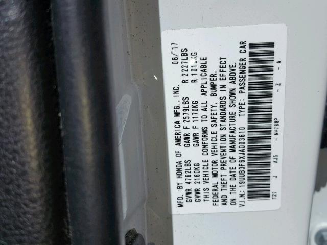 19UUB3F6XJA003610 - 2018 ACURA TLX TECH+A WHITE photo 10