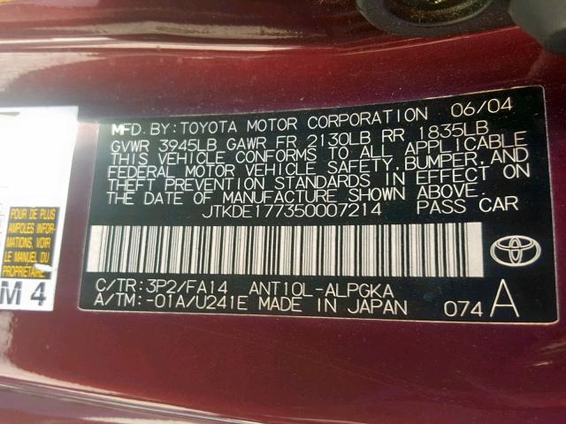 JTKDE177350007214 - 2005 TOYOTA SCION TC მუქწითელი ფოტო 10