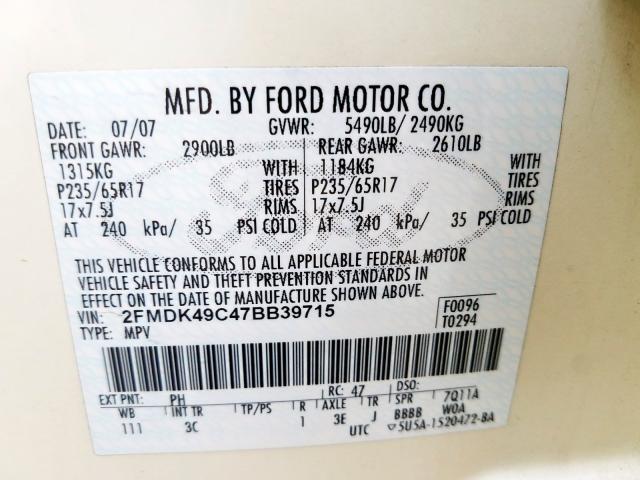 2FMDK49C47BB39715 - 2007 FORD EDGE SEL PLUS  photo 10