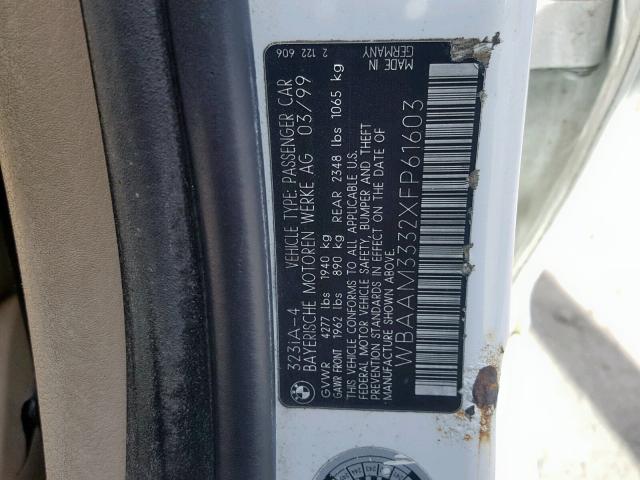 WBAAM3332XFP61603 - 1999 BMW 323 I AUTO WHITE photo 10