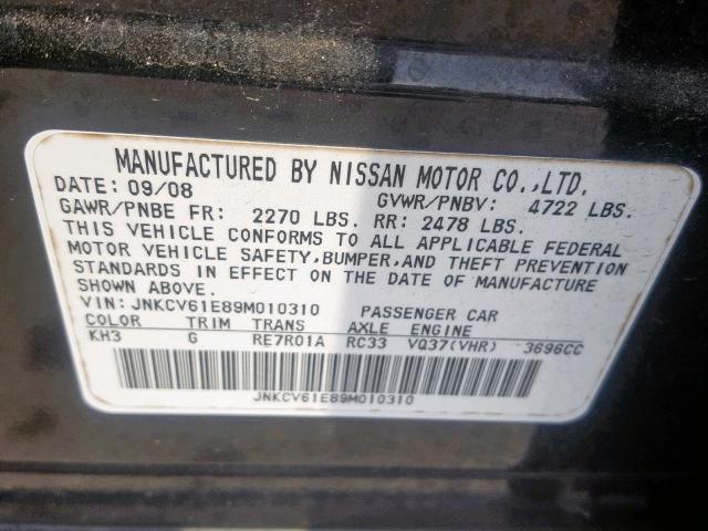 JNKCV61E89M010310 - 2009 INFINITI G37 BASE BLACK photo 10