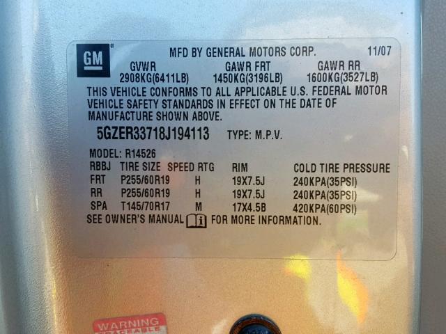 5GZER33718J194113 - 2008 SATURN OUTLOOK XR ვერცხლისფერი ფოტო 10