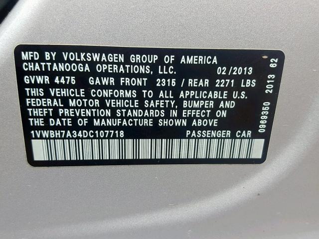 1VWBH7A34DC107718 - 2013 VOLKSWAGEN PASSAT SE SILVER photo 10