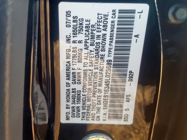 1HGES16345L025689 - 2005 HONDA CIVIC DX VP  photo 10