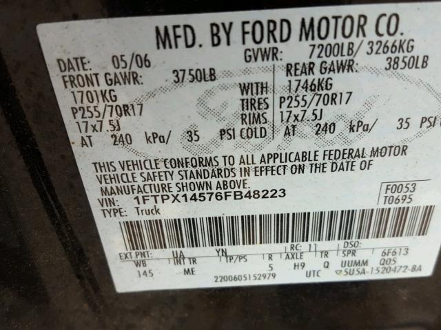 1FTPX14576FB48223 - 2006 FORD F150 BLACK photo 10