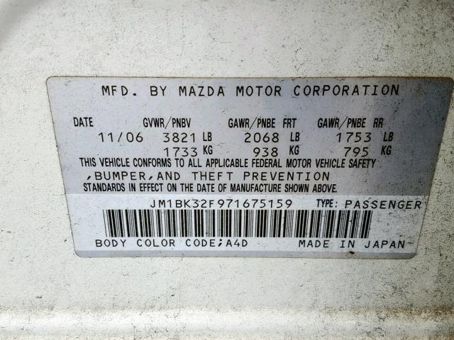 JM1BK32F971675159 - 2007 MAZDA 3 I WHITE photo 10