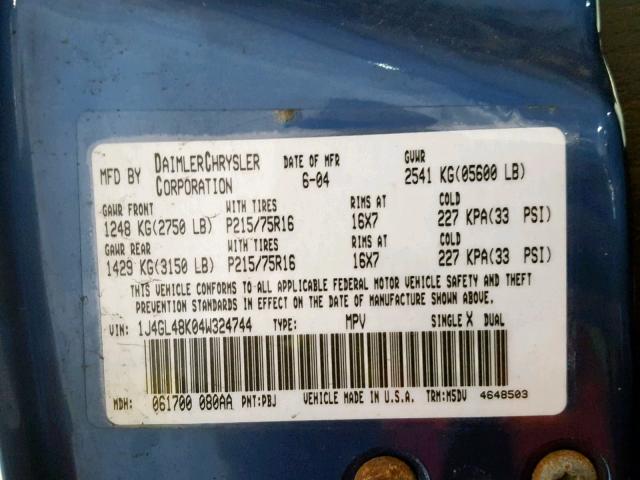 1J4GL48K04W324744 - 2004 JEEP LIBERTY SP BLUE photo 10