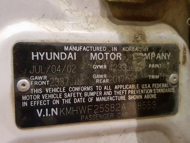 KMHWF25S82A708553 - 2002 HYUNDAI SONATA GL WHITE photo 10