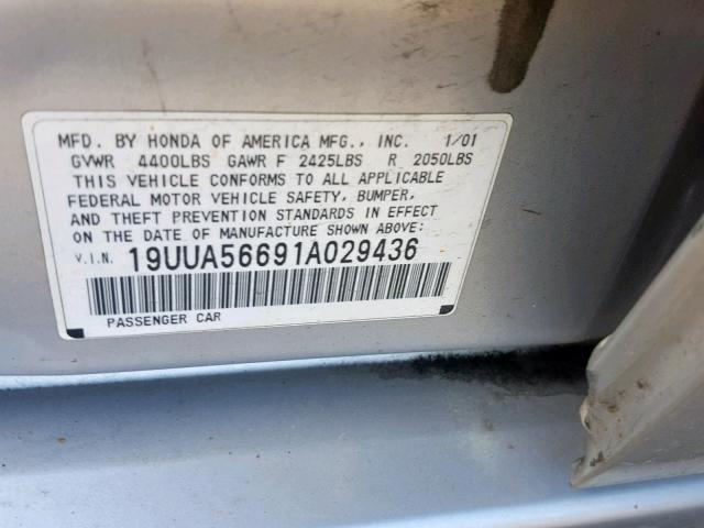 19UUA56691A029436 - 2001 ACURA 3.2TL SILVER photo 10