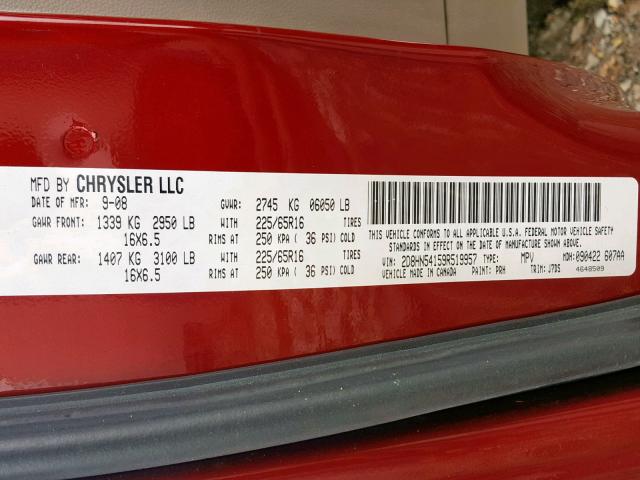 2D8HN54159R519957 - 2009 DODGE GRAND CARA MAROON photo 10