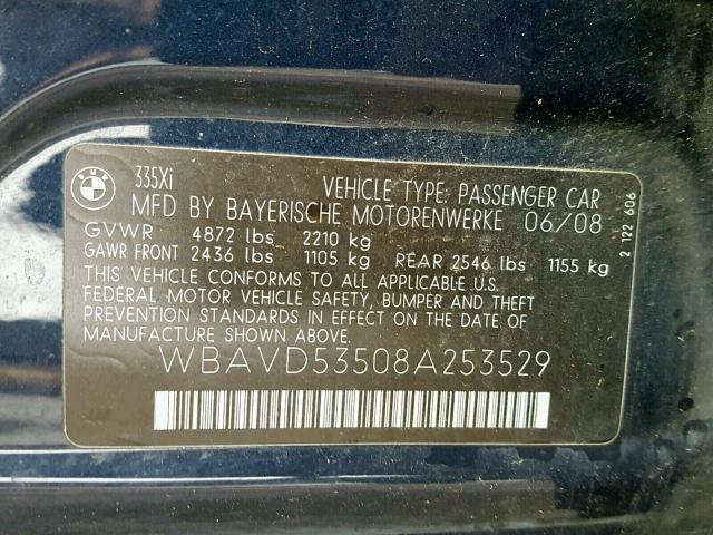 WBAVD53508A253529 - 2008 BMW 335 XI BLUE photo 10