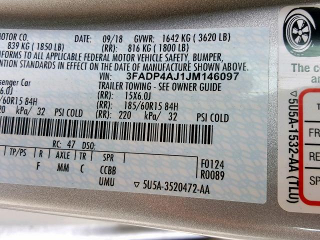 3FADP4AJ1JM146097 - 2018 FORD FIESTA S SILVER photo 10