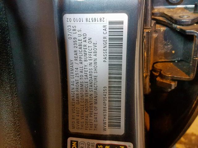 WVWTH63B84P054259 - 2004 VOLKSWAGEN PASSAT GLX BLACK photo 10