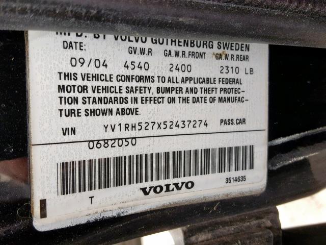 YV1RH527X52437274 - 2005 VOLVO S60 R BLACK photo 10