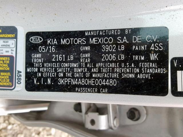 3KPFN4A80HE004480 - 2017 KIA FORTE EX SILVER photo 10