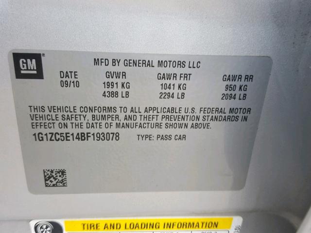 1G1ZC5E14BF193078 - 2011 CHEVROLET MALIBU 1LT 银色 照片 10