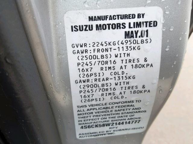 4S6CK58W214414777 - 2001 HONDA PASSPORT E 银色 照片 10