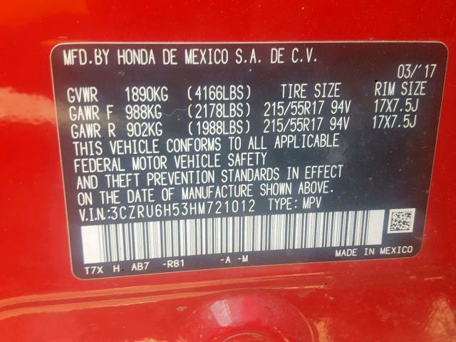 3CZRU6H53HM721012 - 2017 HONDA HR-V EX RED photo 10