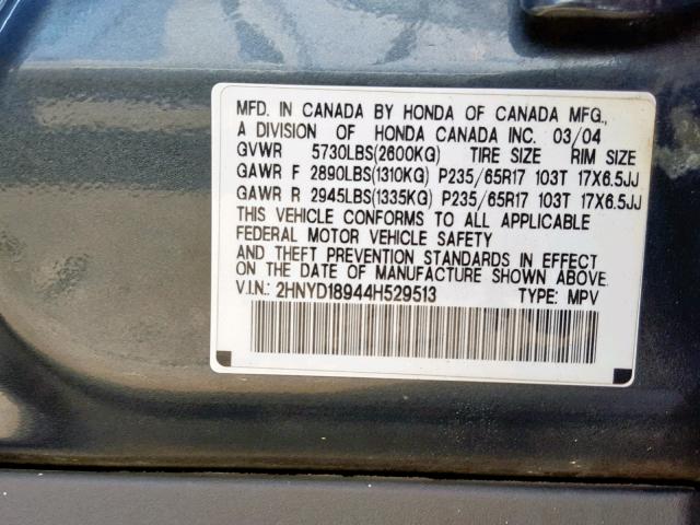 2HNYD18944H529513 - 2004 ACURA MDX TOURIN GRAY photo 10