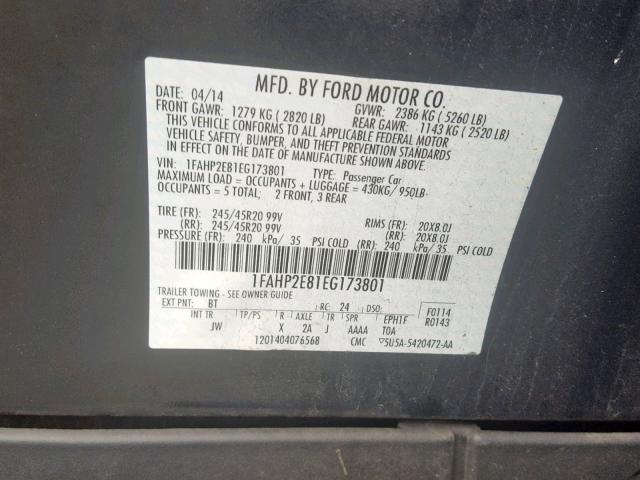 1FAHP2E81EG173801 - 2014 FORD TAURUS SEL BLACK photo 10