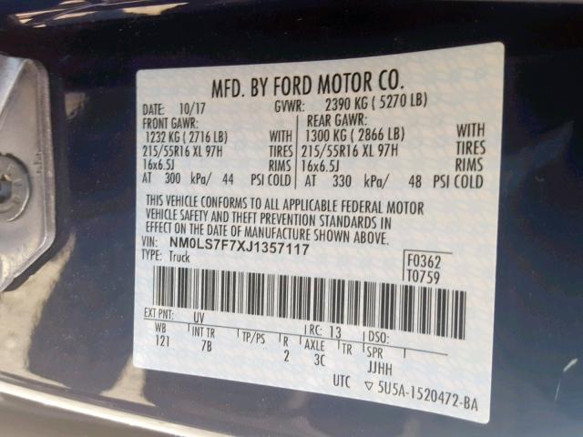 NM0LS7F7XJ1357117 - 2018 FORD TRANSIT CO BLUE photo 10